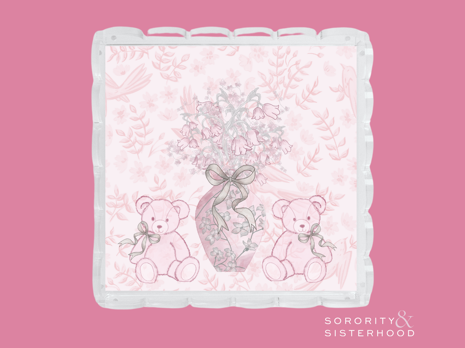 Clear acrylic tray with scalloped edges, pink floral background, and teddy bears holding a ribboned vase illustration.