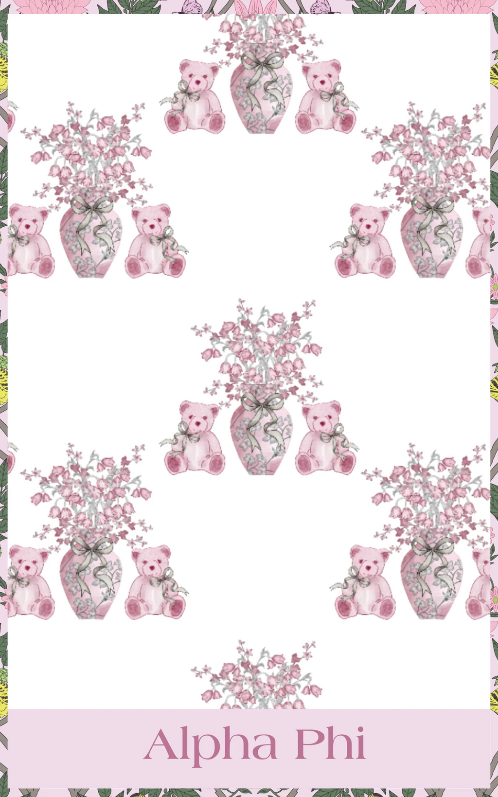 White pajama shorts with pink teddy bears holding bouquets and pink Alpha Phi logo band waistband.