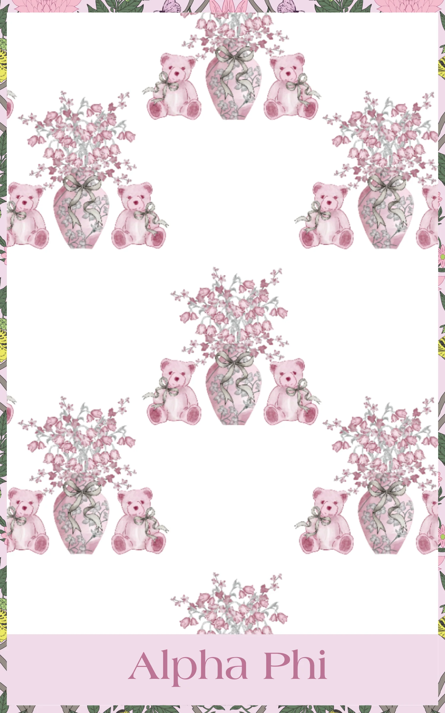 White pajama shorts with pink teddy bears holding bouquets and pink Alpha Phi logo band waistband.