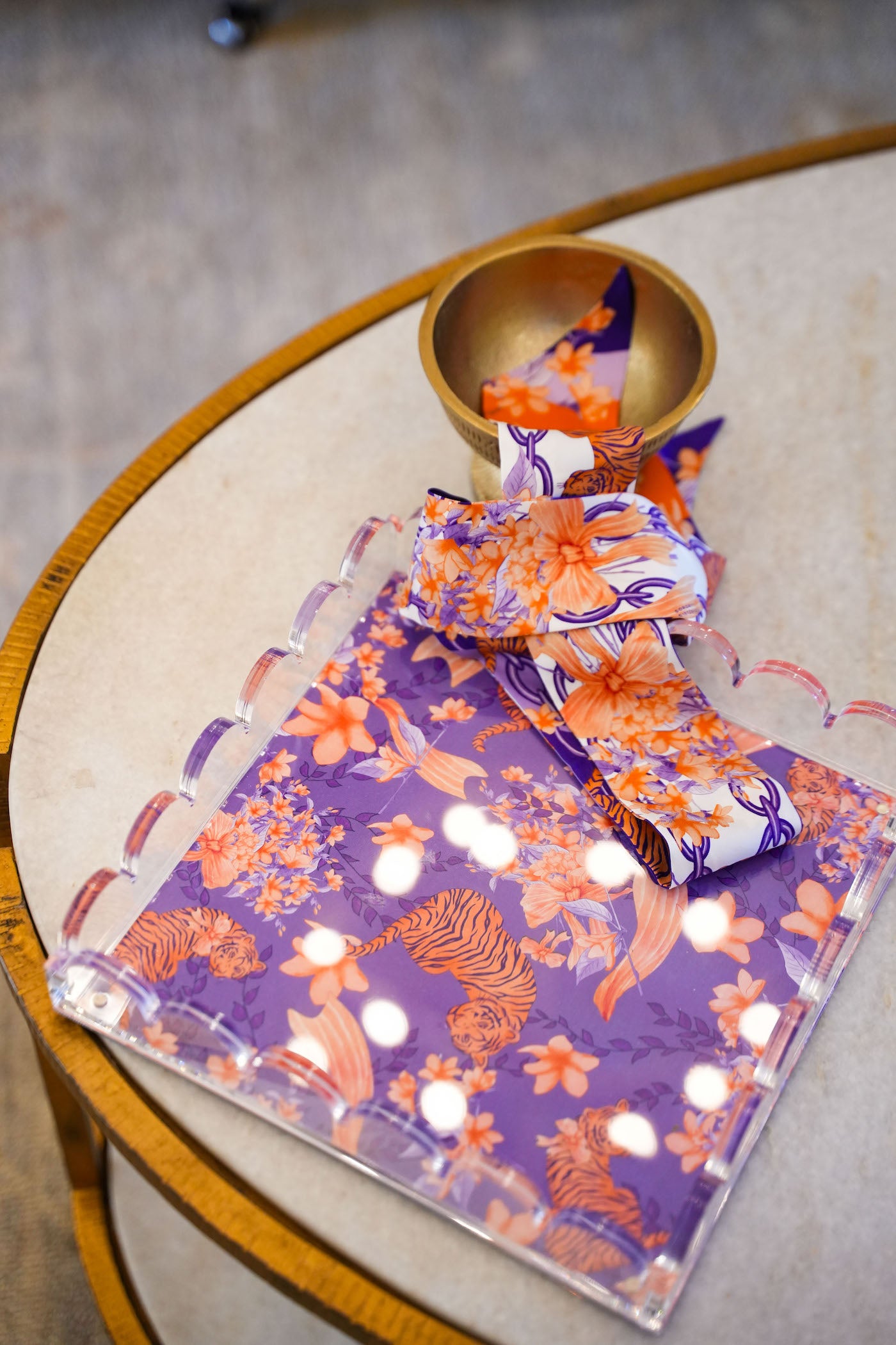 Purple & Orange Acrylic Scalloped Tray — acrylic scalloped tray with hand-illustrated magnetic insert