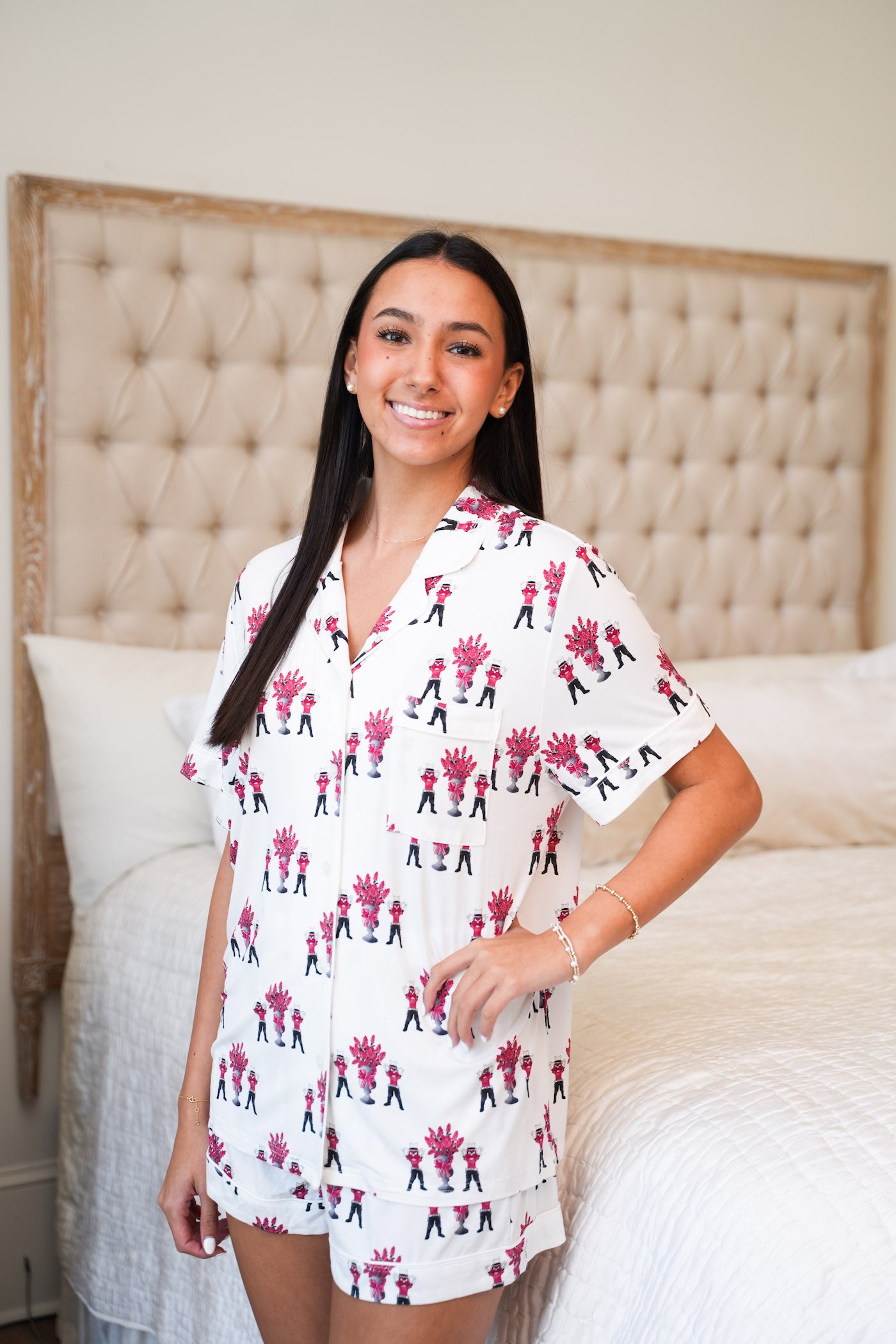 Heirloom Pajama Shorts Set - Black & Scarlet — 95% bamboo hand-illustrated pajama shorts set