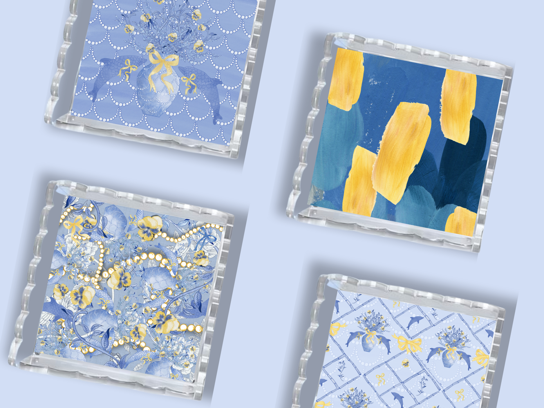 Set of three square acrylic trays with scalloped edges, featuring blue and gold abstract and floral patterns.