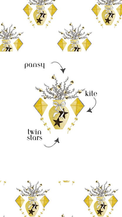 White pajama shorts set with gold and black kite, star, and floral print