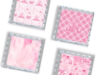 Set of four clear trays with silver scalloped edges, each tray featuring different pink Phi Mu-themed patterns.
