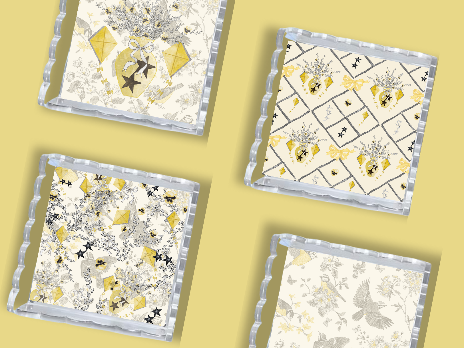 Set of four square ceramic trays with scalloped edges, featuring gold, black, and white Kappa Alpha Theta patterns.