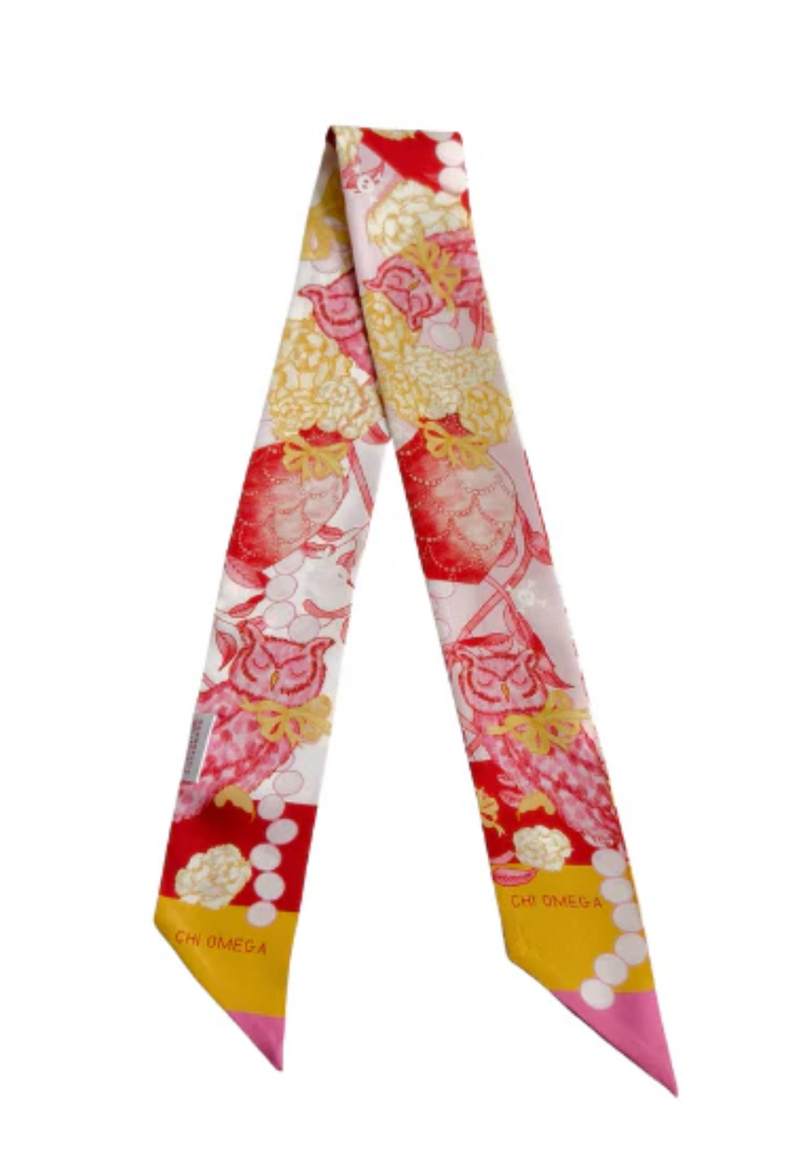 Chi Omega scarflette with pink, red, and yellow floral pattern and gold accents.