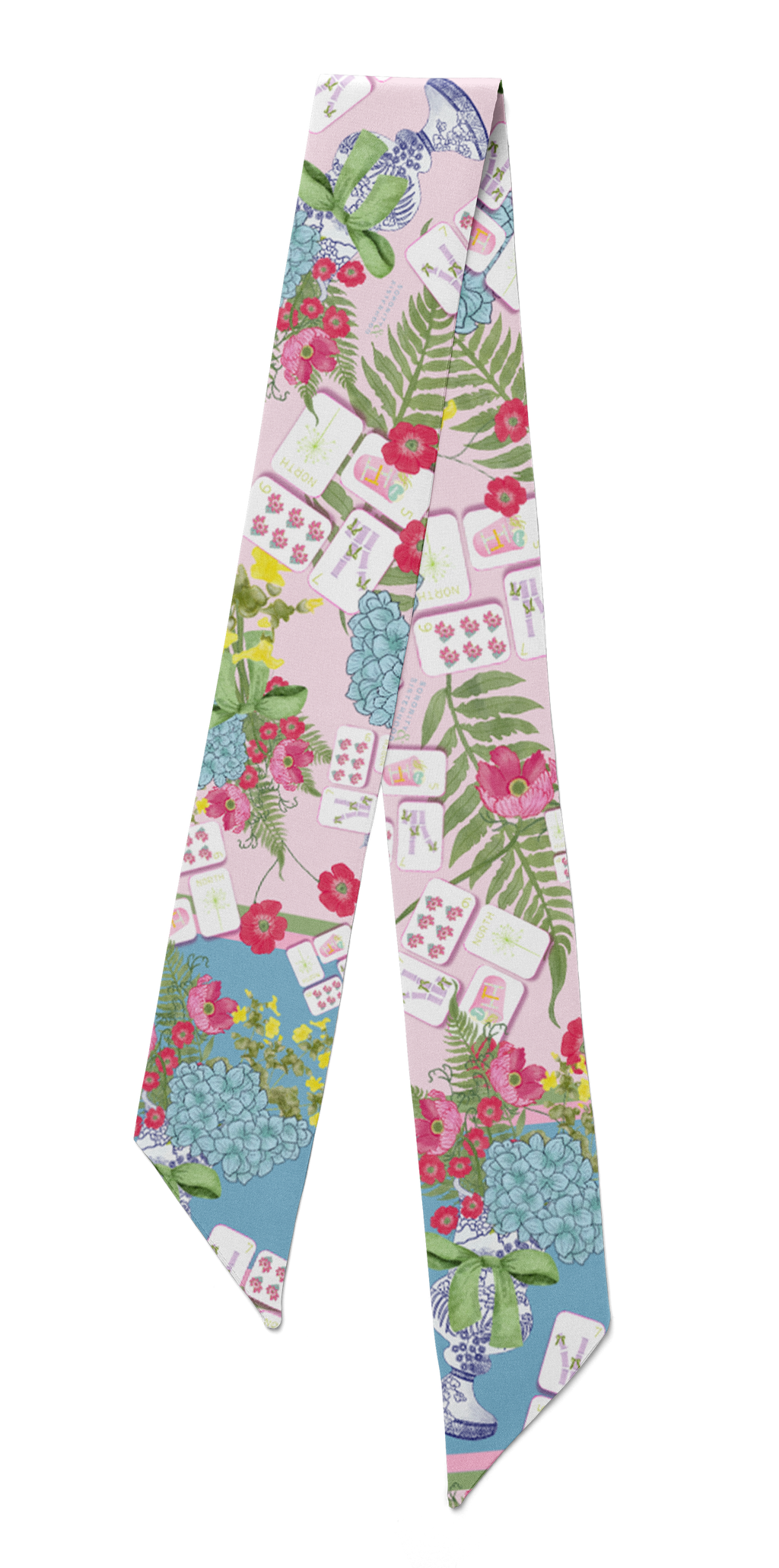 Silk scarflette with colorful Mahjong tile and floral pattern on pastel background.