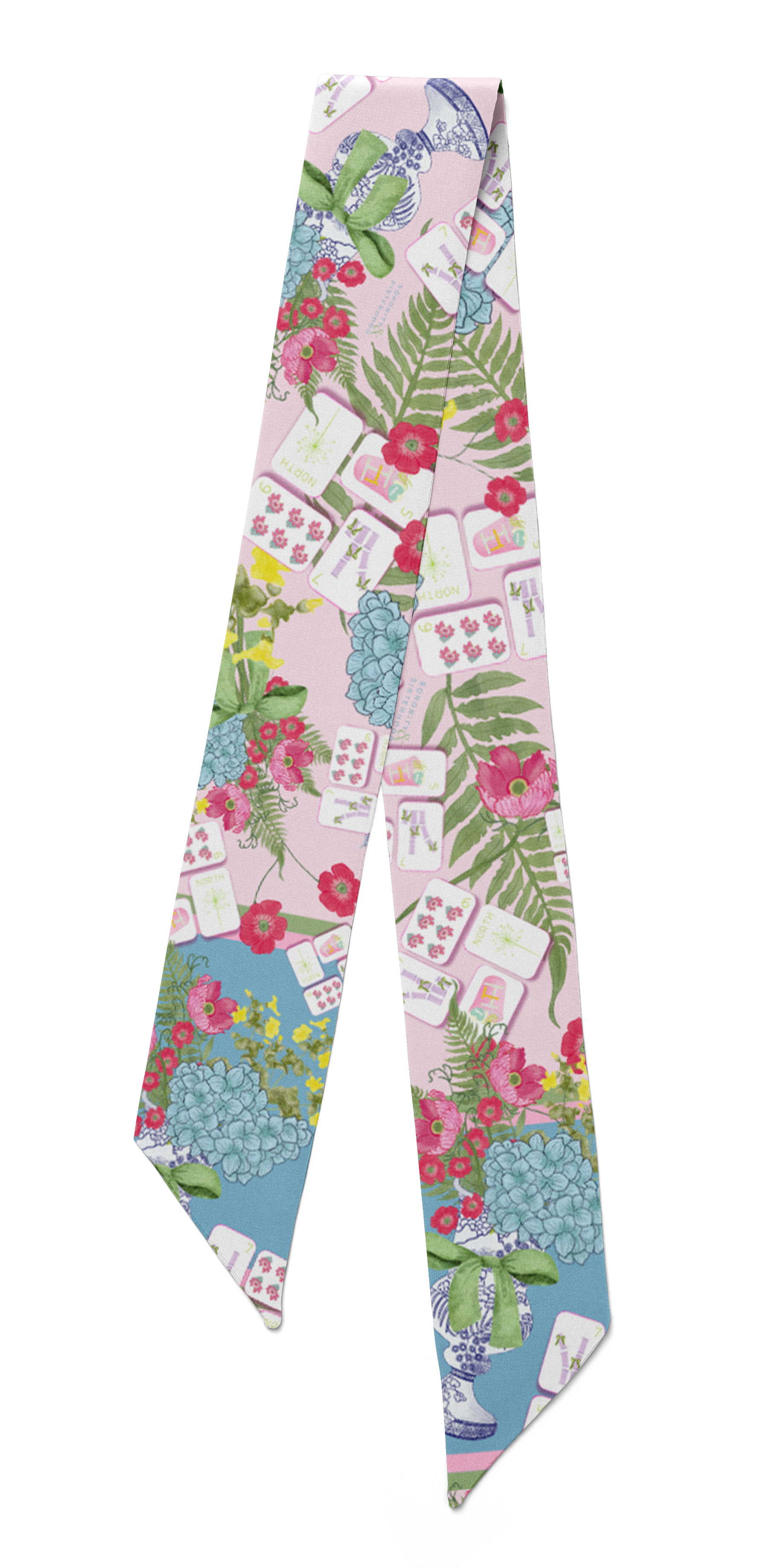 Silk scarflette with colorful Mahjong tile and floral pattern on pastel background.