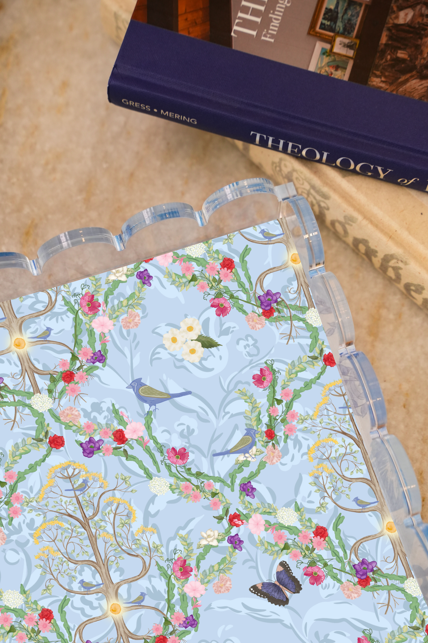 Mustard Seed Acrylic Scalloped Tray — acrylic scalloped tray with hand-illustrated magnetic insert