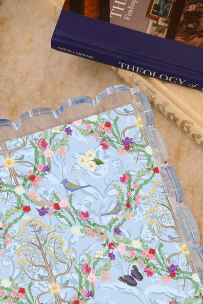 Mustard Seed Acrylic Scalloped Tray — acrylic scalloped tray with hand-illustrated magnetic insert