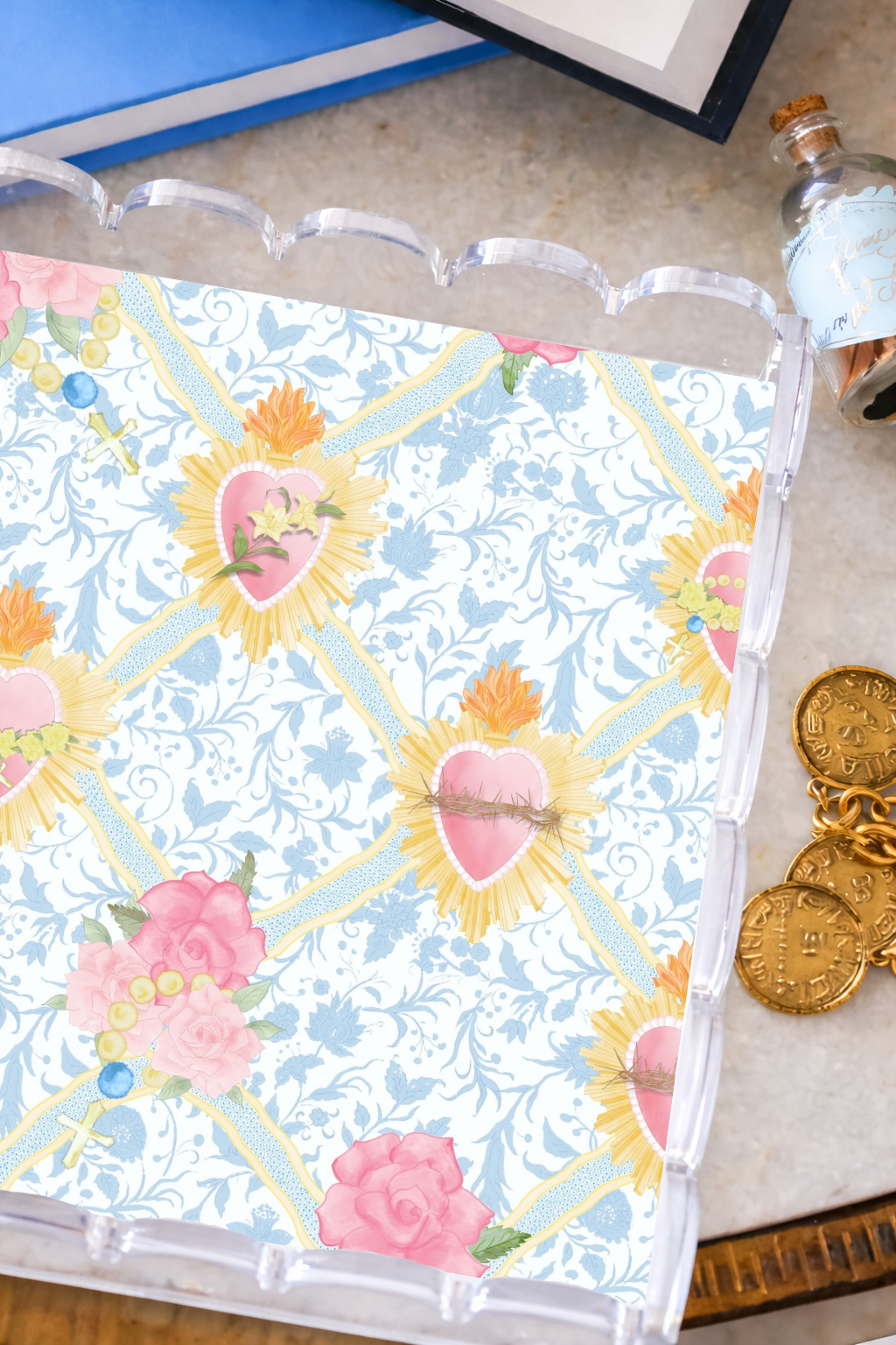 Sacred Hearts Acrylic Scalloped Tray — acrylic scalloped tray with hand-illustrated magnetic insert